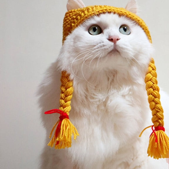 Minkissy Yellow Cat Braid Hat Soft Wool Yarn Knitted Cap Warm and Comfortable for Pets