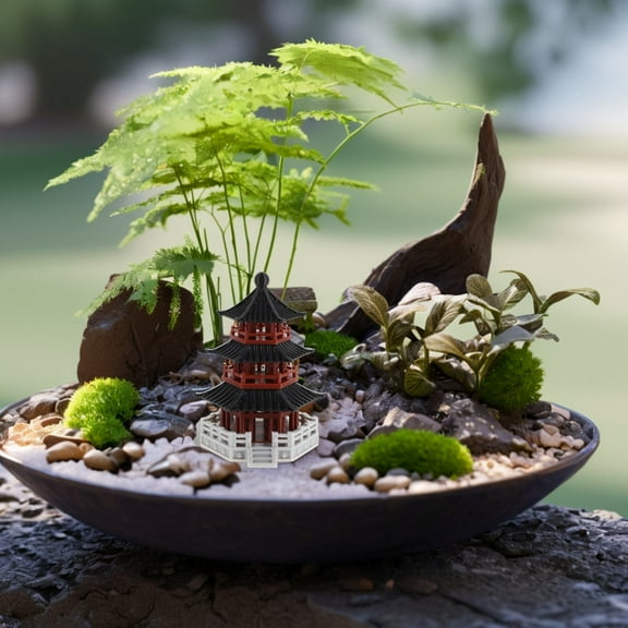 Minkissy Mini Pavilion Statue Light Brown Plastic Zen Garden Decoration Set for Home Office Desk