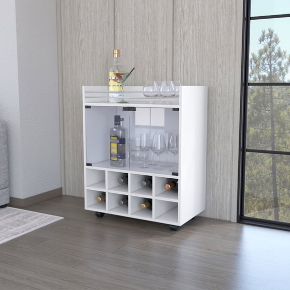 Minneapolis Cart With Integrated 8-Bottle Rack, Glass Encased Cabinet And Aluminum Top
