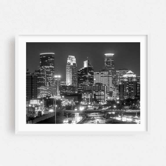 Minneapolis After Dark - Minneapolis Minnesota Photography Cityscape Black and White Skyline Architecture Nightlife City White Framed Wall Art Print 9 x 12 inches