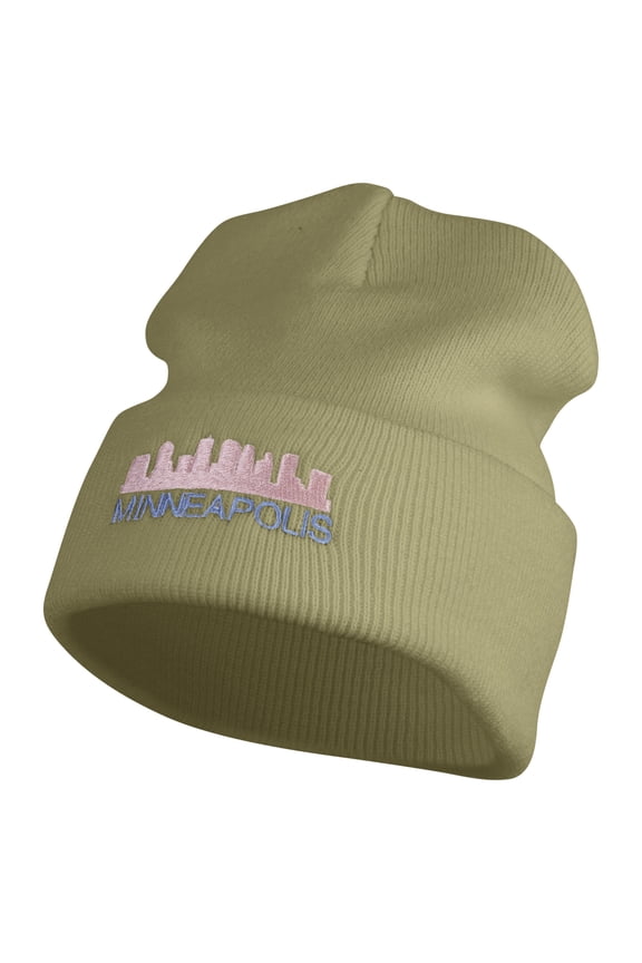Minneapolis Skyline Embroidered 12 Inch Solid Long Beanie Made in USA - Khaki OSFM