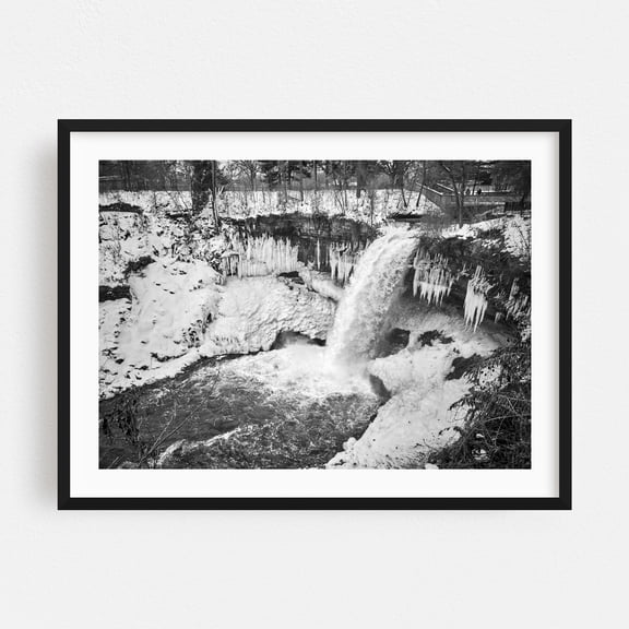 Minnehaha Falls in December - Minneapolis Minnesota Photography Winter Waterfall Black and White Snow Nature Landscape Scenic Black Framed Wall Art Print 9 x 12 inches