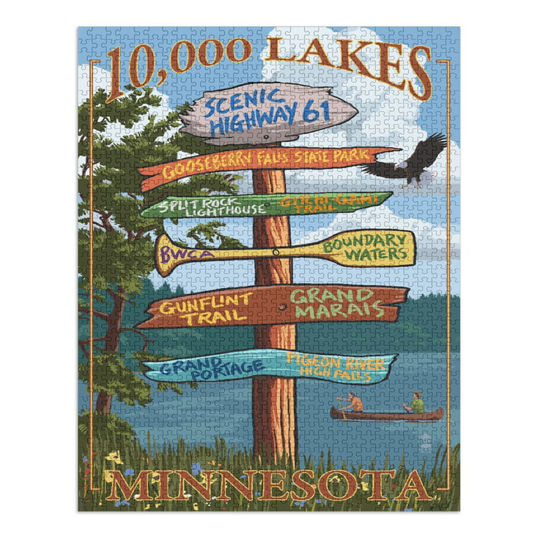 Minnesota, 10,000 Lakes, Destinations Sign (1000 Piece Puzzle, Size 19x27,  Challenging Jigsaw Puzzle for Adults and Family, Made in USA)