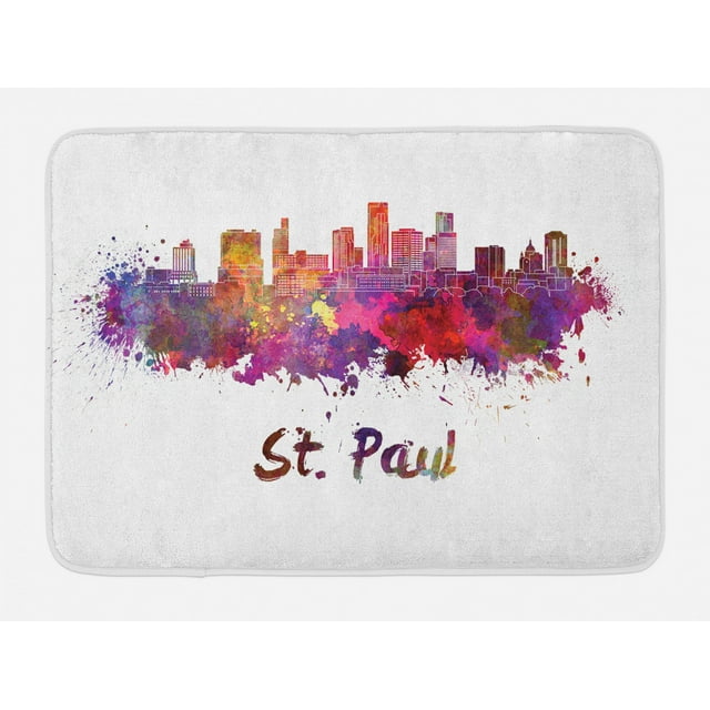 Minnesota Bath Mat, Capital City Saint Paul Skyline Illustration with Splattered Watercolor Effect, Plush Bathroom Decor Mat with Non Slip Backing, 29.5" X 17.5", Multicolor, by Ambesonne