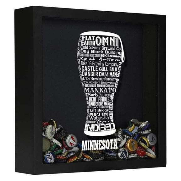 Torched Minnesota Beer Cap Shadow Box Wall Mount Decor 13"x13"x3"Black