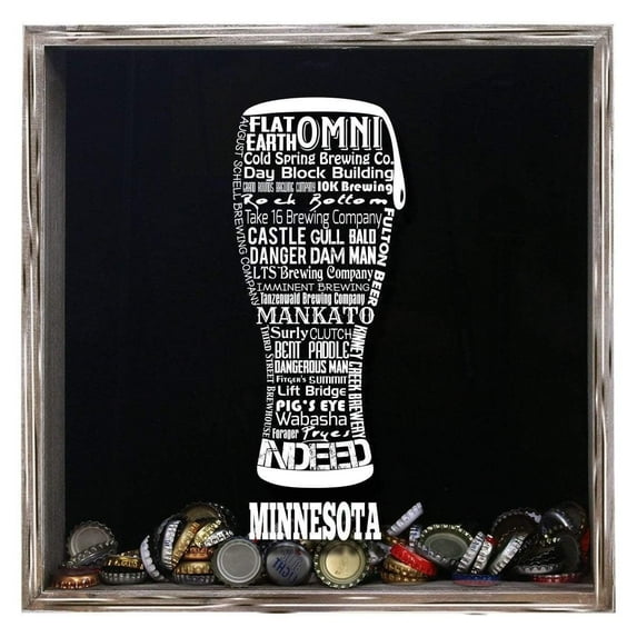 Torched Minnesota Beer Cap Shadow Box Wall Mount Decor 13"x13"x3.5" Grey