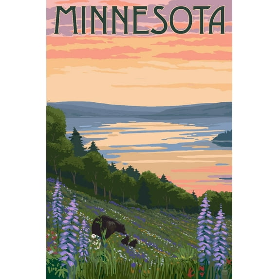 Minnesota, Lake and Bear Family (12x18 Wall Art Poster, Room Decor)