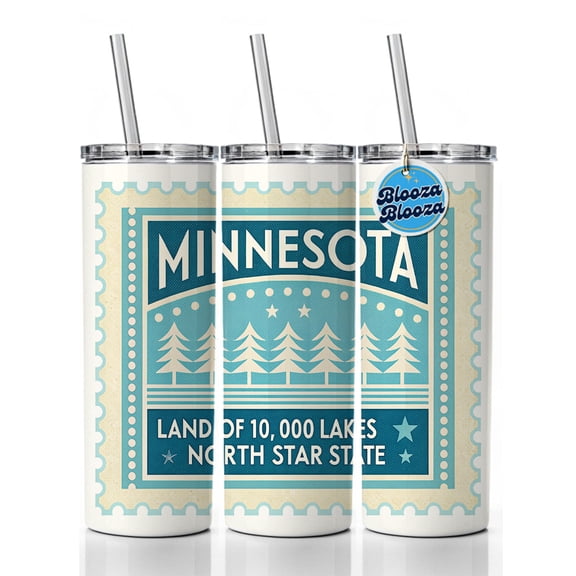 Minnesota MN Land of 10000 Lakes State Travel Vacation Stamp 20oz Insulated Water Bottle Skinny Tumbler Includes Straw