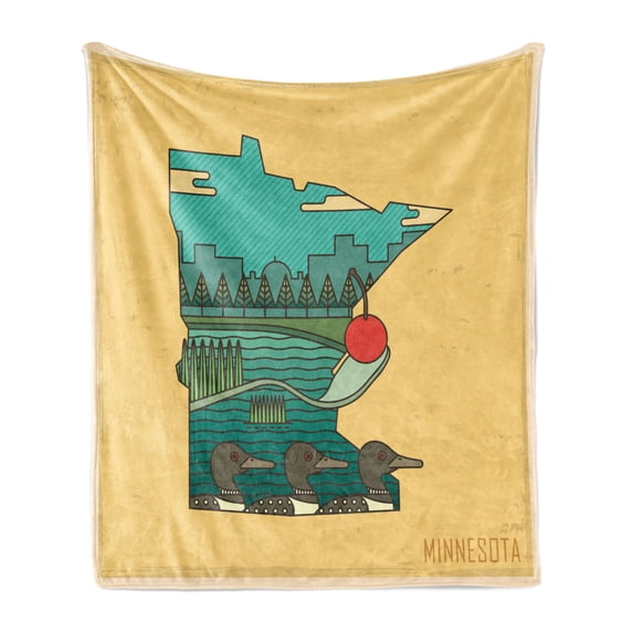 Minnesota Soft Flannel Fleece Blanket, Doodle Minnesota State Map Superimposed with Ducks in Pond and Buildings Scenery, Cozy Plush for Indoor and Outdoor Use, 70" x 90", Multicolor, by Ambesonne