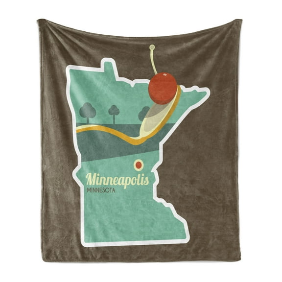 Minnesota Soft Flannel Fleece Blanket, Flat Design Spoonbridge and Cherry Iconic Minneapolis Landmark in State Map Frame, Cozy Plush for Indoor and Outdoor Use, 60" x 80", Multicolor, by Ambesonne