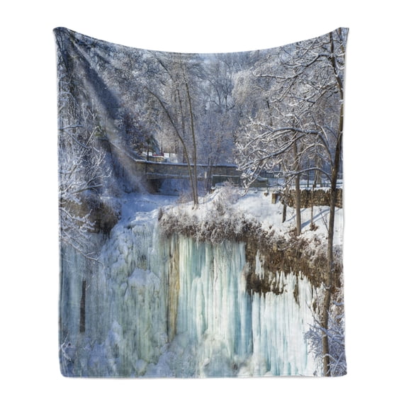 Minnesota Soft Flannel Fleece Blanket, Frozen Minnehaha Falls and Footbridge in City Park of Minneapolis Landmark Theme, Cozy Plush for Indoor and Outdoor Use, 50" x 70", Multicolor, by Ambesonne