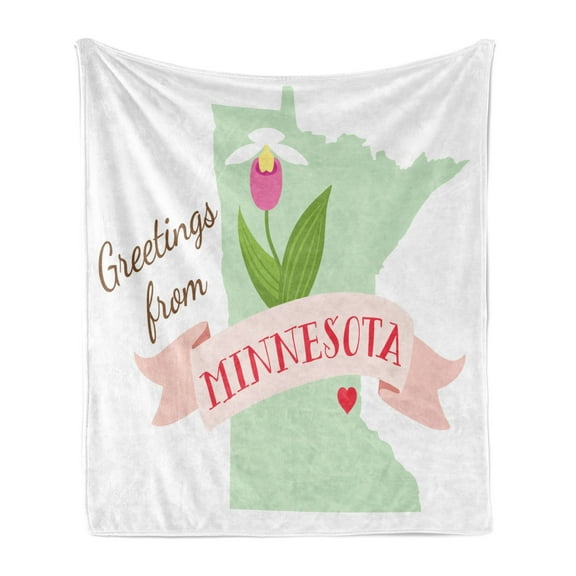 Minnesota Soft Flannel Fleece Blanket, Greetings from Minnesota Lettering with Endemic Flower of Showy Lady's Slippers, Cozy Plush for Indoor and Outdoor Use, 50" x 60", Multicolor, by Ambesonne