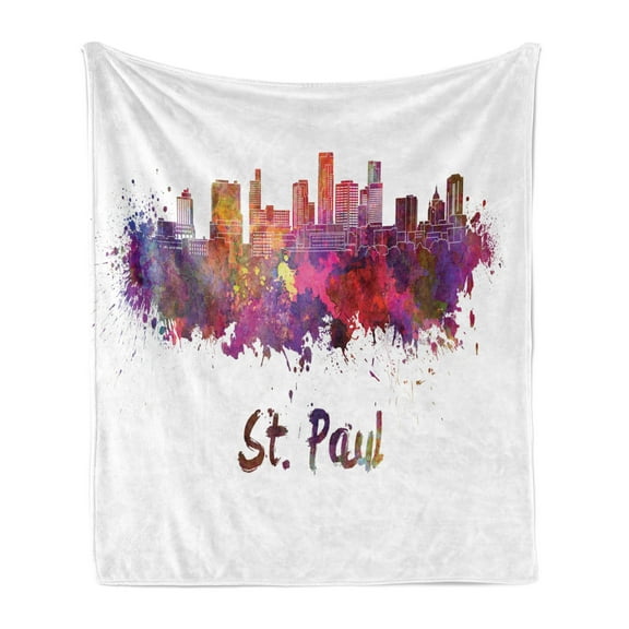 Minnesota Soft Flannel Fleece Throw Blanket, Capital City Saint Paul Skyline Illustration with Splattered Watercolor Effect, Cozy Plush for Indoor and Outdoor Use, 50" x 70", Multicolor, by Ambesonne