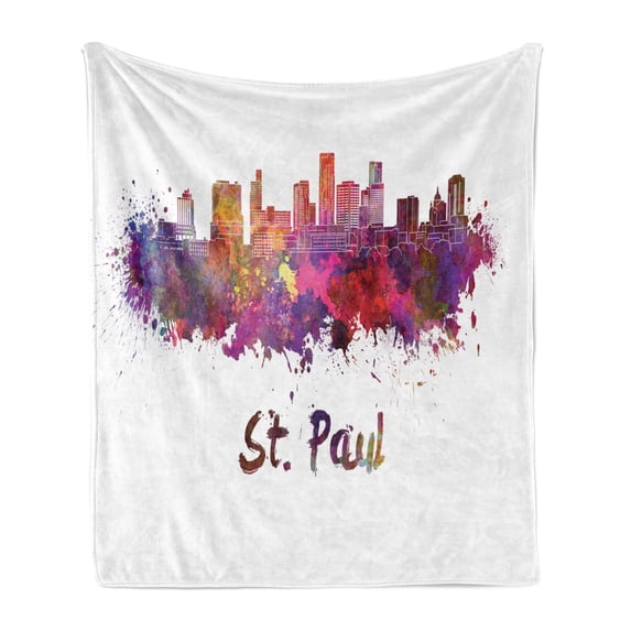 Minnesota Soft Flannel Fleece Throw Blanket, Capital City Saint Paul Skyline Illustration with Splattered Watercolor Effect, Cozy Plush for Indoor and Outdoor Use, 60" x 80", Multicolor, by Ambesonne