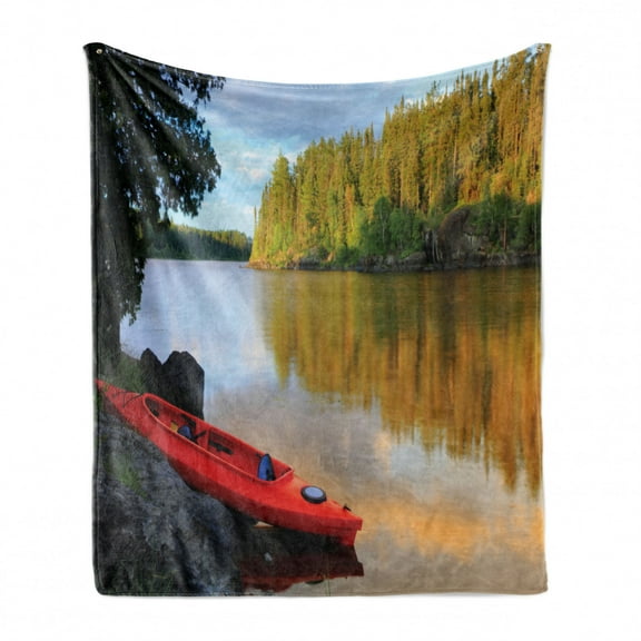 Minnesota Soft Flannel Fleece Throw Blanket, Red Canoe Sitting on the Rocks at the Lake in Minnesota Autumn Nature Scenery, Cozy Plush for Indoor and Outdoor Use, 50" x 60", Multicolor, by Ambesonne
