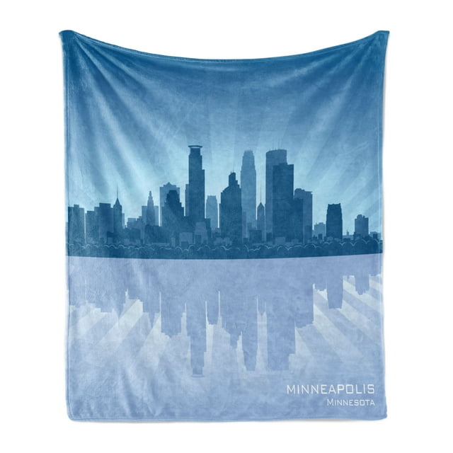 Minnesota Soft Flannel Fleece Throw Blanket, Starburst Pattern with Blue Tone Silhouette of Minneapolis City, Cozy Plush for Indoor and Outdoor Use, 50" x 70", Night Blue Blue Grey, by Ambesonne