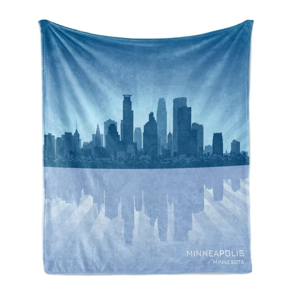 Minnesota Soft Flannel Fleece Throw Blanket, Starburst Pattern with Blue Tone Silhouette of Minneapolis City, Cozy Plush for Indoor and Outdoor Use, 70" x 90", Night Blue Blue Grey, by Ambesonne