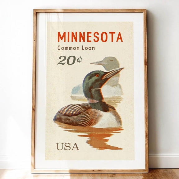 Minnesota Stamp Print: Retro Loon Poster Outdoors Wall Art