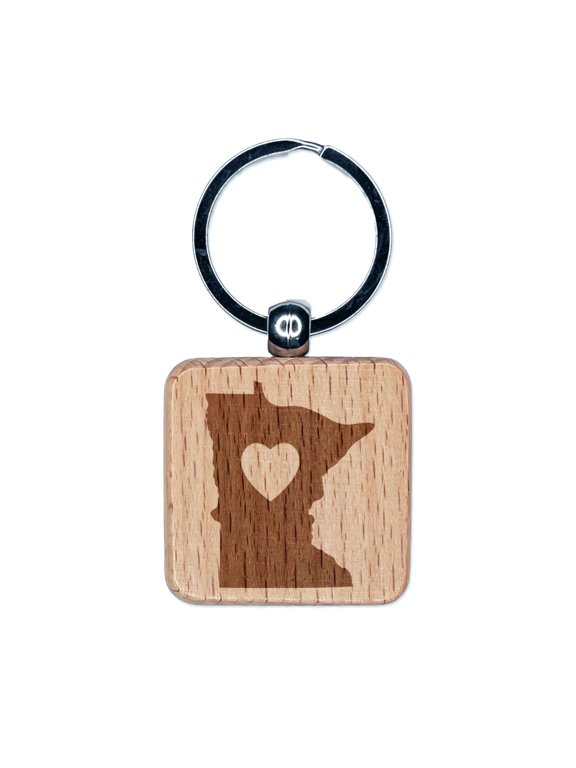 Minnesota State with Heart Square Keychain Charm Tag - Engraved Wood