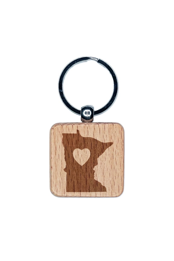 Minnesota State with Heart Square Keychain Charm Tag - Engraved Wood