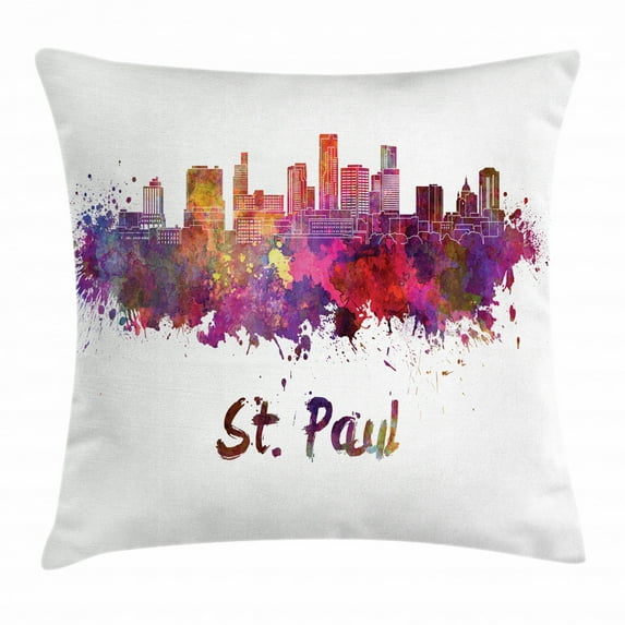 Minnesota Throw Pillow Cushion Cover, Capital City Saint Paul Skyline Illustration with Splattered Watercolor Effect, Decorative Square Accent Pillow Case, 20 X 20 Inches, Multicolor, by Ambesonne