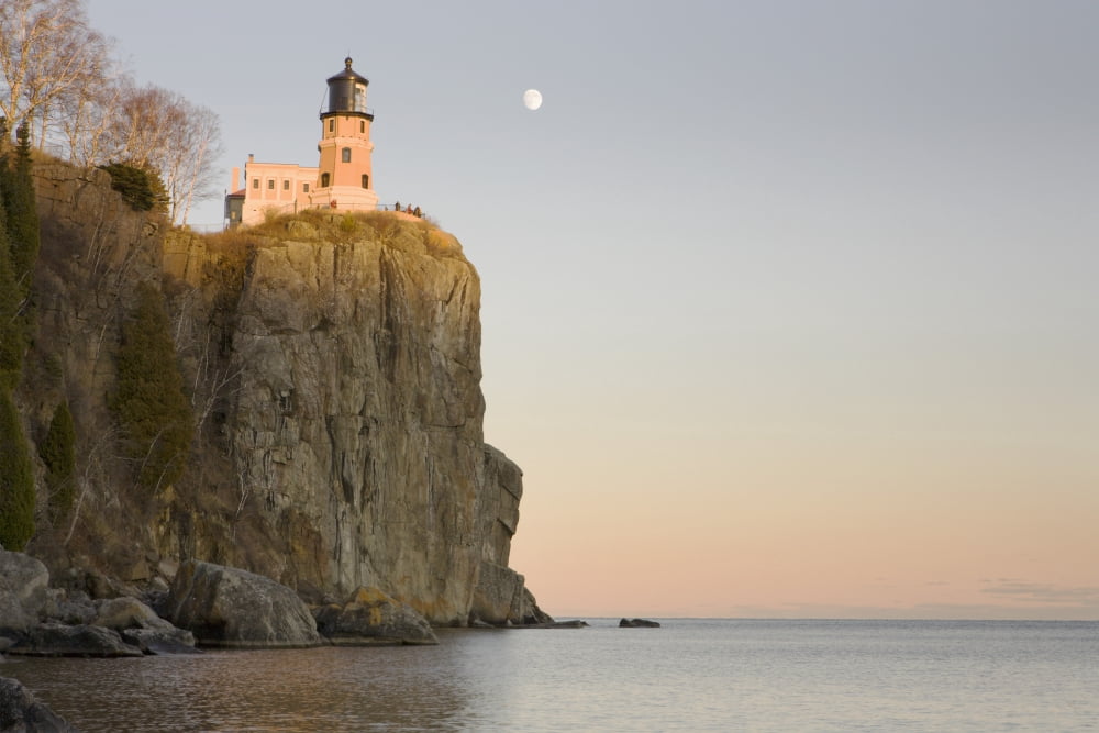 Minnesota United States Of America Split Rock Lighthouse On The North Shores Of Lake Superior With A Full Moon In The Sky Canvas Art - Susan Dykstra Design Pics (38 x 24)
