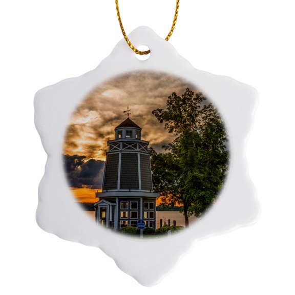 3drose, Minnesota, Walker, Sunrise over Leech Lake and Walker Bay Lighthouse., 3 inch Snowflake Porcelain Ornament