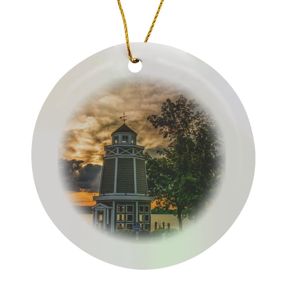 3drose, Minnesota, Walker, Sunrise over Leech Lake and Walker Bay Lighthouse., Circle Porcelain Ornament