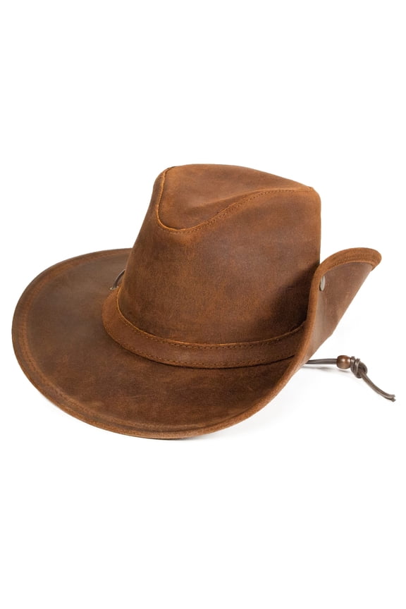 Women’s Aussie Hat - Waterproof Hat Designed with Distressed Ruff Leather, Adjustable Chin Strap, Hidden Steel Wire in The Brim, and Side Snap Medium Brown