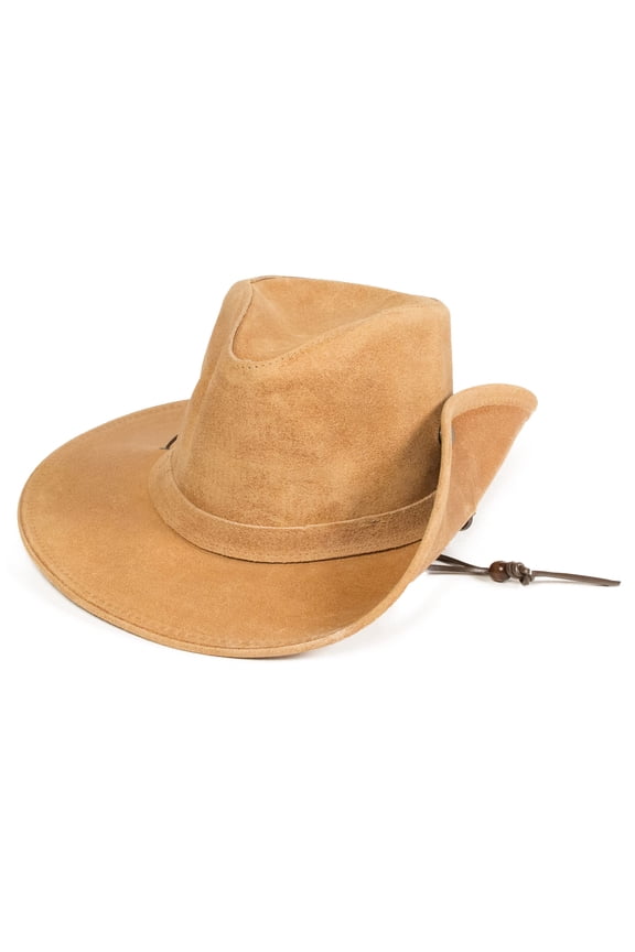 Women’s Aussie Hat - Waterproof Hat Designed with Distressed Ruff Leather, Adjustable Chin Strap, Hidden Steel Wire in The Brim, and Side Snap Small Tan