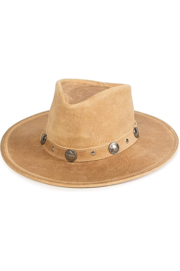 Buffalo Nickel Hat - Wide Brim Hat Featuring Distressed Ruff Leather, Studs and Unique Buffalo Nickel Metal Accents and Hidden Steel Wire in Brim, Tan, Small