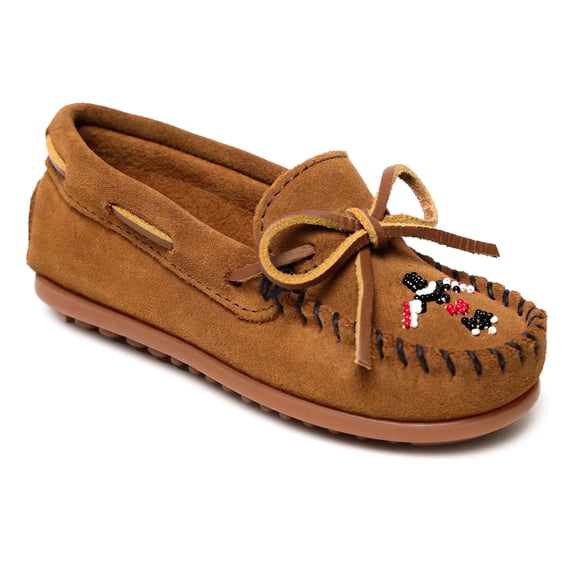 Minnetonka Children's Thunderbird Animikii Suede Beaded Moccasins, Brown 4 Big Kid