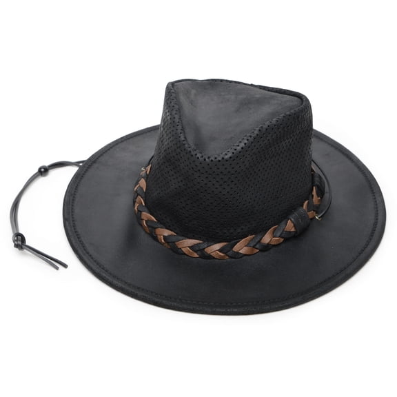 Minnetonka Fold-Up Outback Hat -Leather Brim Hat Made with Genuine Leather, Adjustable Chin Strap, and Fold-Up Design - Perfect for Any Outdoor Activity, Black, Medium