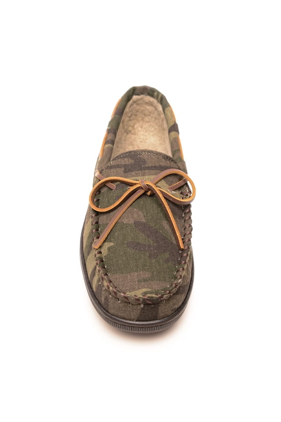 Men's Pile Lined Moccasin Slippers with Hard Soles, 9, Green Camo Print