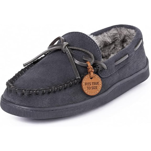 Minnetonka Men's Pile Lined Moccasin Slippers with Hard Soles, 7, Charcoal