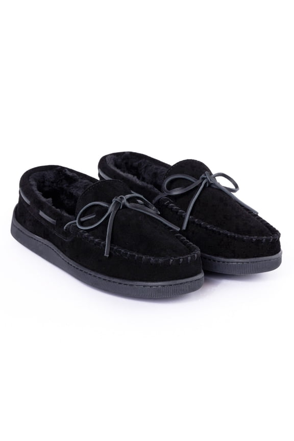 Men's Pile Lined Moccasin Slippers with Hard Soles, 15, Black