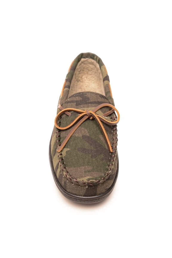 Men's Pile Lined Moccasin Slippers with Hard Soles, 12, Green Camo Print