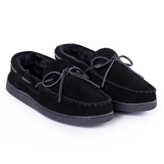 Minnetonka Mens Pile Lined Hardsole Moccasin, Black, Size 12