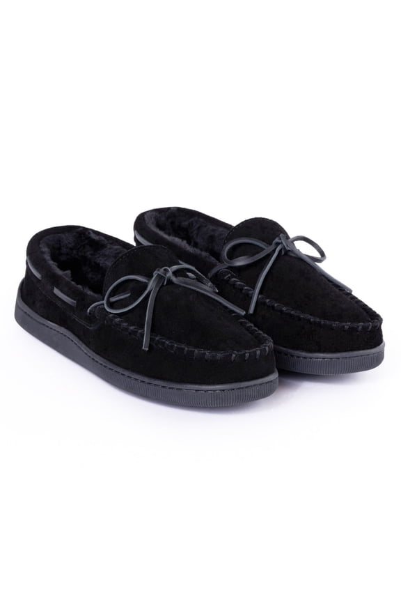 Men's Pile Lined Moccasin Slippers with Hard Soles, 15, Black