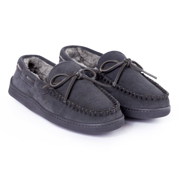 Minnetonka Men's Pile Lined Moccasin Slippers with Hard Soles, 9.5, Charcoal
