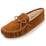 Minnetonka Men's Pile Lined Soft Leather Sole Slipper, Brown, 11 W