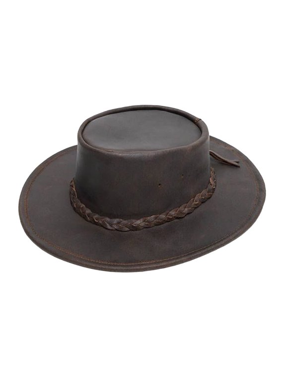 Mens Fold Up Flat Brimmed Cowboy Hat Crafted with Portable Fold-Up Design and Reinforced Brim, Handmade, Dark Brown, Medium