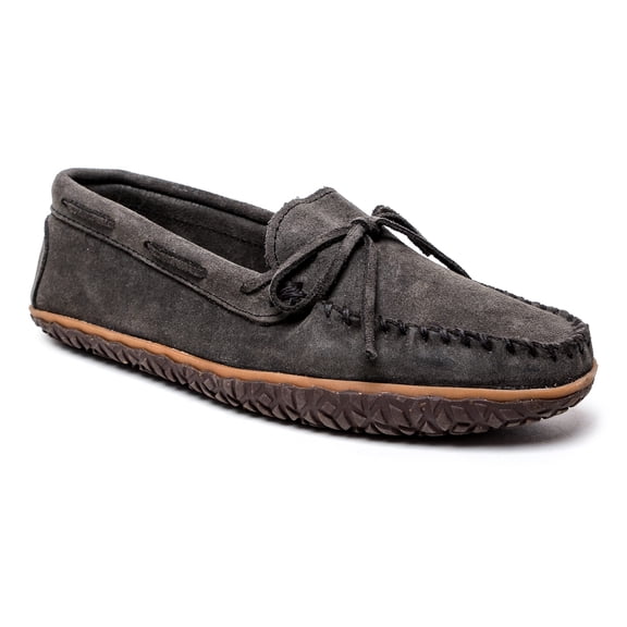 Minnetonka Men's Tie Tread - Suede Moccasin for Men - Water-Resistant Indoor Outdoor Slippers with MinnTREAD Rubber Sole, 12 M Grey Ruff