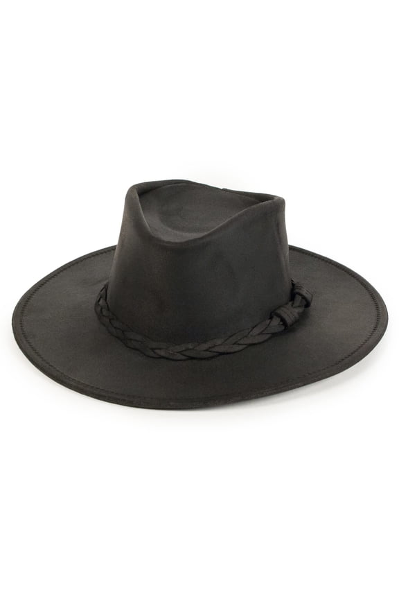Outback Hat - Flat Brimmed Cowboy Hat for Men and Women Made with Distressed Ruff Leather, Hidden Steel Wire in Brim, and Subtle Leather-Braided Accent, XL Black