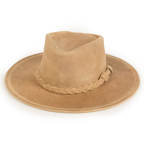 Minnetonka Outback Hat - Flat Brimmed Cowboy Hat for Men and Women Made with Distressed Ruff Leather, Hidden Steel Wire in Brim, and Subtle Leather-Braided Accent, X- Large-Tan