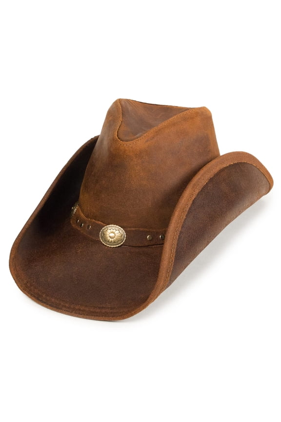 Silverton Dude Hat - Leather Cowboy Hat Handcrafted with Metal Conchos and Studs, Distressed Ruff Leather, and Hidden Steel Wire in Brim, Small-Brown