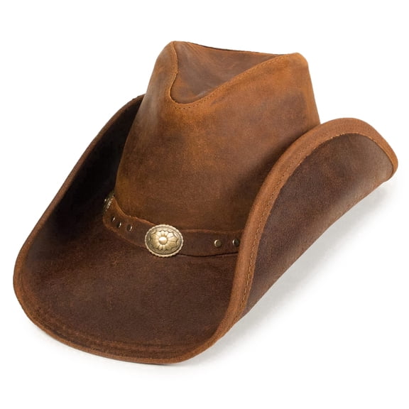 Minnetonka Silverton Dude Hat - Leather Cowboy Hat Handcrafted with Metal Conchos and Studs, Distressed Ruff Leather, and Hidden Steel Wire in Brim, X-Large-Brown
