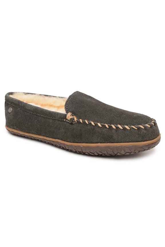 Tobie Men's Suede Mocassins, Fur Lined Sheepskin Slippers with Durable Indoor-Outdoor Sole, 12 M Charcoal