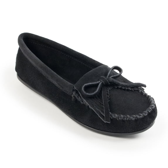 Minnetonka Women's Kilty Suede Hardsole Moccasin, Black, 9.5 M US