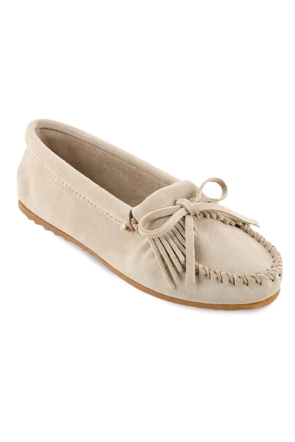 Women's Kilty Suede Hardsole Moccasin, Stone, 5 M US